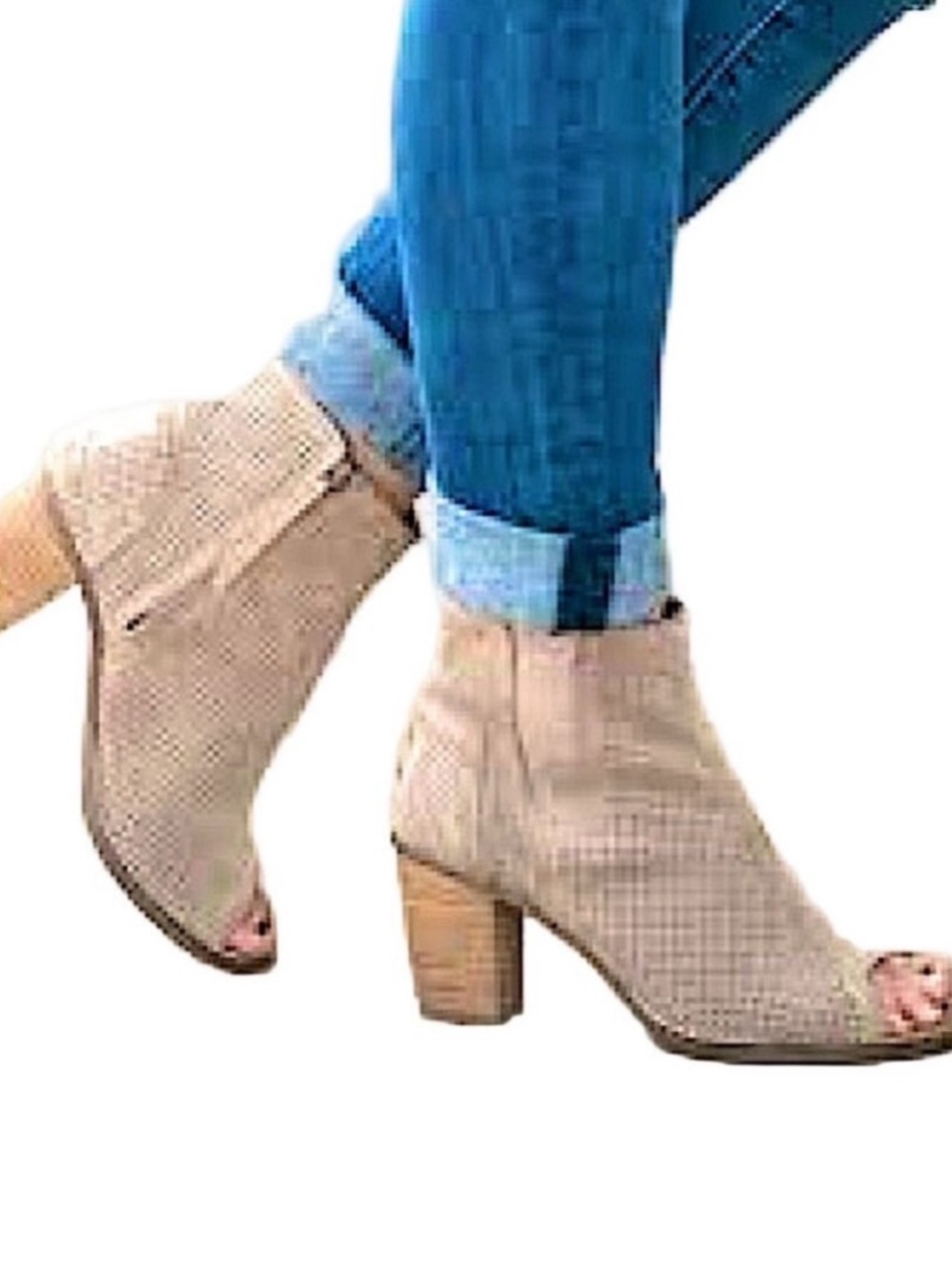 TOMS Suede Heeled Ankle Boots Open Toe Taupe Tan Gray Size 8 Perforated Bohemian - Picture 2 of 11